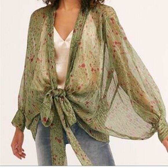 Free People All Tous Kantha Shimmer Tie Kimono Top Blouse Green One Size - Picture 1 of 6